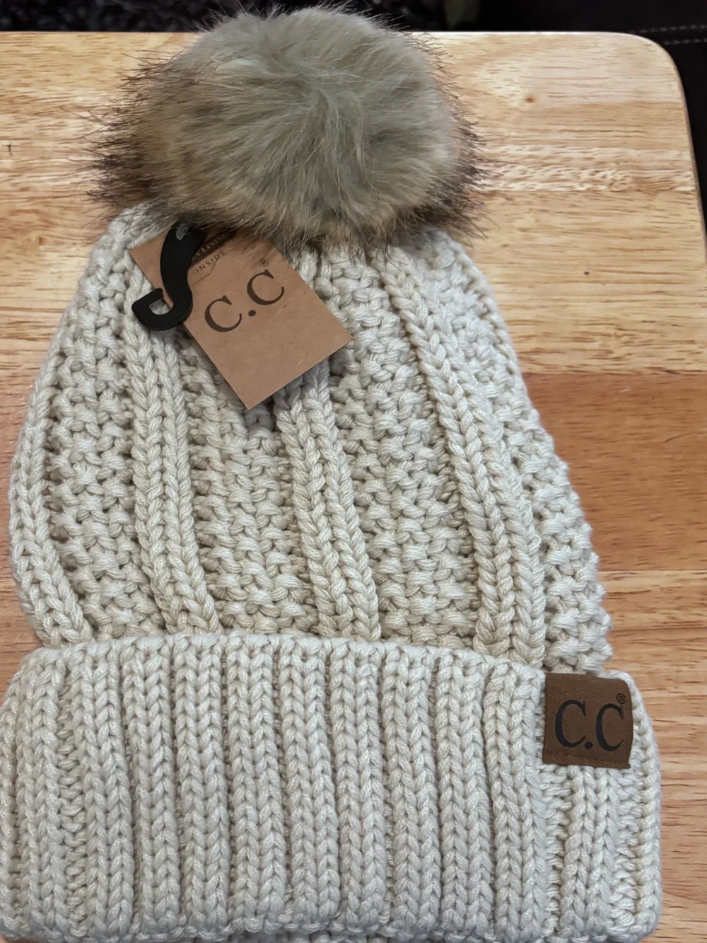 C.C. Knit Beanie Hat Bundle Faux Fur Pom Pom One Size NWT Cream & Oatmeal